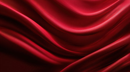 Silk fabric in a deep red hue flows gracefully creating soft waves and showing its fine texture. The rich color and smooth surface evoke elegance and warmth.の素材