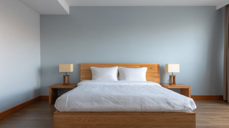 A large bed with white sheets and pillows sits in a room with a light blue wall. The room is sparsely decorated, with only a few lamps and a wooden nightstandの素材