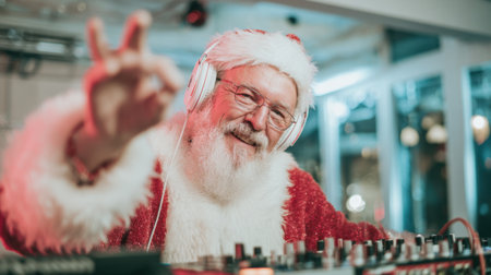 A joyful man dressed as Santa Claus stands at a DJ booth mixing music and wearing headphones. His playful peace sign adds to the festive spirit of the holiday party around him.の素材