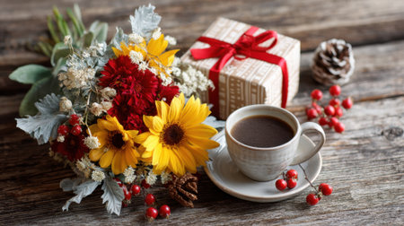A white coffee cup sits on a wooden table next to a bouquet of yellow flowers and a red boxの素材