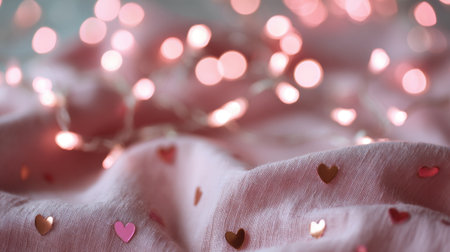 Soft fabric adorned with small heart shaped sequins is illuminated by warm glowing lights. This scene captures a romantic and inviting ambiance perfect for celebrations or intimate gatherings.の素材