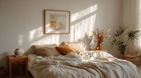 A bedroom with a white bed and a framed picture on the wall. The bed is unmade and the room is bright and sunnyの素材