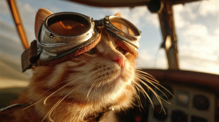 A cat wearing goggles and a pilot's hat is looking out the window of a plane. The scene is playful and whimsical, with the cat taking on the role of a pilotの素材