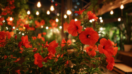 Bright red hibiscus flowers bloom in a lush garden surrounded by warm glow from string lights. This tranquil scene captures an inviting atmosphere at night.の素材