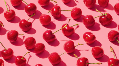 Bright red cherries with shiny surfaces are artistically arranged on a vibrant pink background showing their natural beauty and freshness.の素材