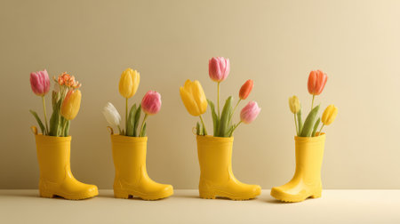 Four yellow rubber boots filled with vibrant tulips in various colors are arranged against a light background. This joyful setup brings a touch of spring indoors.の素材