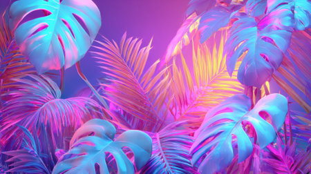 Colorful tropical plants create a mesmerizing backdrop featuring bright greens and bold hues under vibrant lighting. The scene is alive with the beauty of nature.の素材