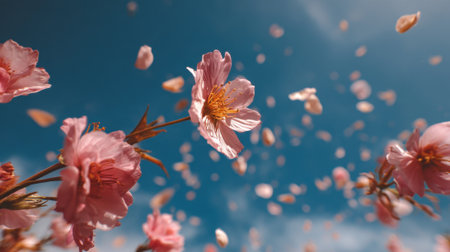 Delicate pink cherry blossom petals are swept away by a gentle wind against a vibrant blue sky. The scene captures the beauty of spring in full bloom creating a serene and joyful atmosphere.の素材