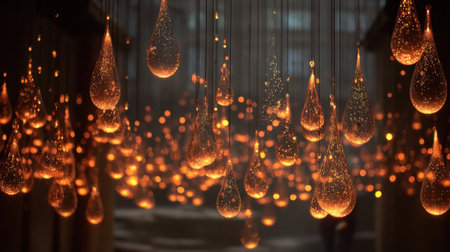 Glowing droplets of light hang delicately from the ceiling creating a warm and enchanting atmosphere. This artistic display captivates visitors at an exhibition during evening hours.の素材