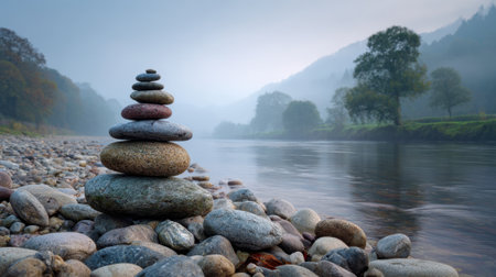 Smooth stones are carefully stacked on the riverbank surrounded by a peaceful landscape. Mist hovers over the water and trees stand tall in the background as dawn breaks.の素材
