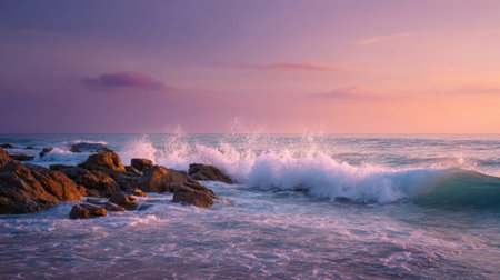 Waves crash against a rocky shoreline as the sun sets painting the sky with shades of pink and purple. The scene creates a tranquil atmosphere by the ocean.の素材