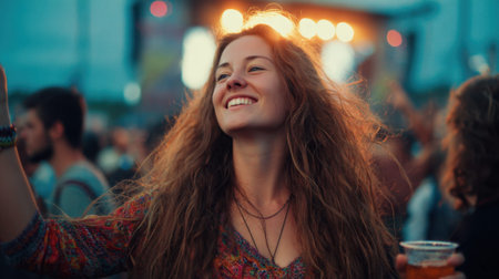 A woman smiles brightly while she dances amidst a lively crowd at an outdoor music festival during sunset. She holds a drink soaking in the vibrant atmosphere and energy.の素材