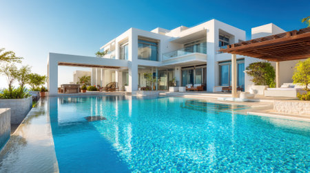 A stunning villa showcases sleek architecture surrounded by lush greenery. The pristine swimming pool reflects the bright sky creating a serene and inviting atmosphere for relaxation.の素材