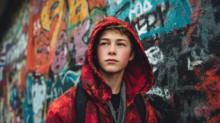 A young person with a serious expression wears a red hoodie and stands in front of a colorful graffiti wall.の素材