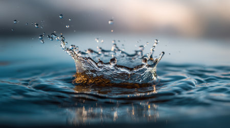A droplet crashes into a still body of water creating a stunning splash that sends ripples outward. The scene captures the elegance of natural movement against a serene background.の素材