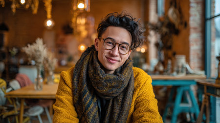 A young man with curly hair sits comfortably in a cozy cafe wearing a bright yellow jacket and a warm scarf. The atmosphere is inviting filled with soft lighting and wooden decor.の素材
