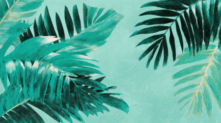 Tropical leaves in shades of green create a lively composition against a soft teal backdrop bringing a fresh and calming vibe suitable for decor or design use.の素材