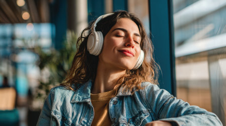 A young woman with curly hair listens to music through headphones in a modern cafe. Sunlight streams through large windows as she relaxes and smiles enjoying a peaceful moment.の素材