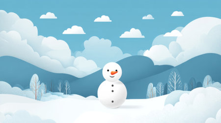 A cheerful snowman with a carrot nose and black buttons is placed in a snowy setting. Soft clouds float above a serene winter landscape with distant mountains.の素材