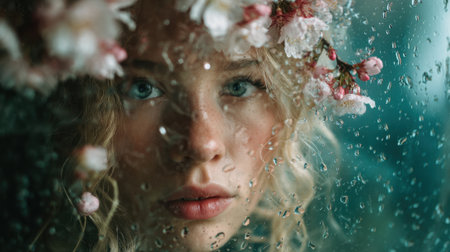 A young woman gazes intently through a rain splattered window surrounded by flowers in her hair. The soft light adds a dreamlike quality to the scene.の素材