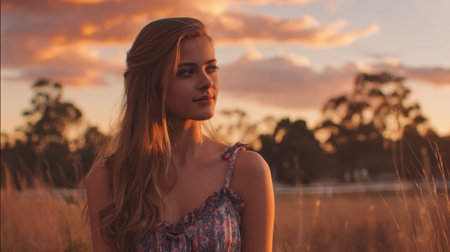 A young woman with long hair sits among tall grass during sunset. The sky is filled with warm colors creating a serene and peaceful atmosphere in the countryside.の素材