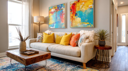 A cozy living room features a vibrant couch with colorful pillows modern artwork on the walls a wooden coffee table and a warm atmosphere filled with natural light.の素材