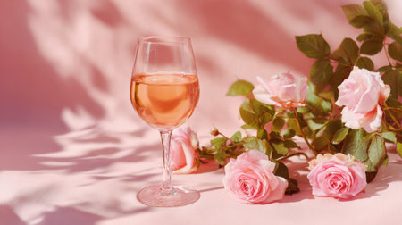 A glass of wine is on a table next to a bunch of pink roses. The wine glass is half full, and the roses are arranged in a vase. Concept of relaxation and indulgence, as the wineの素材