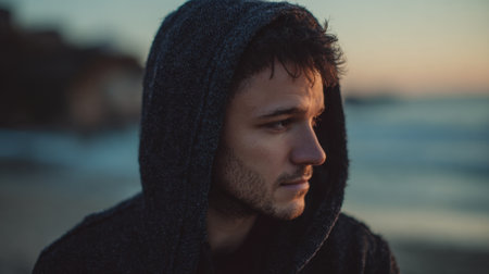 A young man wearing a dark hoodie looks contemplative while standing on the beach at sunset. Gentle waves lap at the shore as the sun sets in the background.の素材