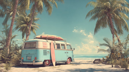 A vintage van rests on a sandy beach surfboards secured on its roof. Lush palm trees sway in the gentle breeze beside vibrant ocean waves on a sunny day.の素材