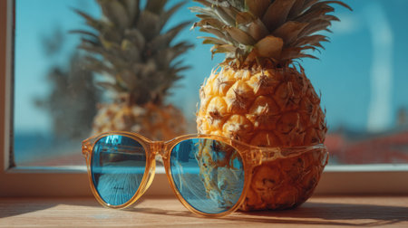 Sunglasses with blue lenses rest on a wooden surface beside a pineapple. Sunlight streams through the window highlighting the fruit and creating a cheerful summer atmosphere.の素材
