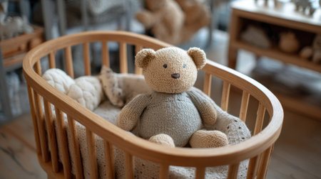 A toy bear is sitting in a wooden crib. The crib is made of wood and has a wooden bed frameの素材