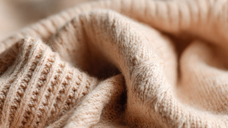 Close up of a soft knitted fabric revealing detailed patterns and textures. The warm beige color suggests comfort and elegance perfect for autumn wear.の素材