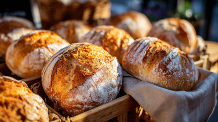 A basket of bread with a white crust and a brown center. The bread is fresh and ready to be eatenの素材