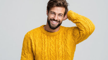A man in a yellow sweater is smiling and looking at the camera. He has a beard and is wearing a yellow sweaterの素材