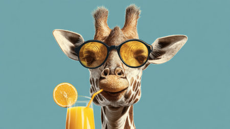 A giraffe wearing sunglasses and drinking orange juice. The image has a playful and lighthearted mood, as the giraffe is dressed up in sunglasses and holding a drinkの素材