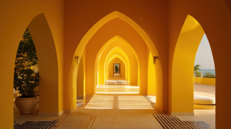 Golden arches frame a vibrant pathway that stretches towards a scenic seaside. The warm sunlight enhances the colorful walls and casts playful shadows on the floor.の素材