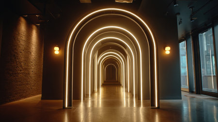 A long, narrow hallway with a series of lights on the ceiling. The lights are arranged in a way that creates a sense of depth and movement. The hallway is empty, giving it a sense of emptinessの素材