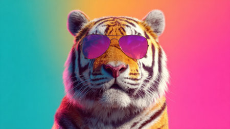 A tiger wearing sunglasses and a pair of sunglasses. The tiger is standing in front of a colorful backgroundの素材