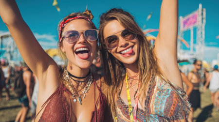 Two women are smiling and posing for a picture at a festival. They are wearing sunglasses and have a tongue sticking out. Scene is fun and lighthearted, as the women are enjoying themselvesの素材
