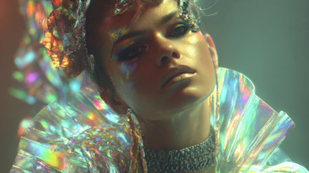 A model poses confidently with sparkling holographic fashion illuminated by soft lights. The atmosphere is artistic and expressive highlighting the unique outfit and makeup.の素材