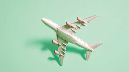 A white airplane with pink and red engines is flying over a green background. The airplane is a model and is not a real oneの素材