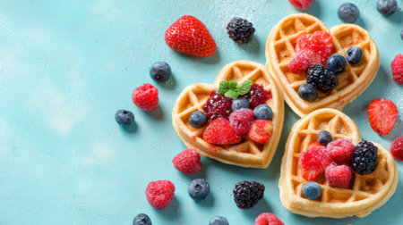 Three heart shaped waffles sit on a light blue surface decorated with fresh strawberries blueberries raspberries and a sprig of mint. Perfect for breakfast or dessert.の素材
