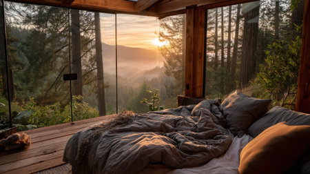 A bedroom with a large window overlooking a forest. The sun is setting, casting a warm glow on the room. The bed is covered in a gray comforter and pillows, and there is a potted plant on the floorの素材