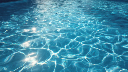 Sunlight dances on the surface of a crystal blue swimming pool creating beautiful patterns and reflections evoking a sense of relaxation and refreshment.の素材