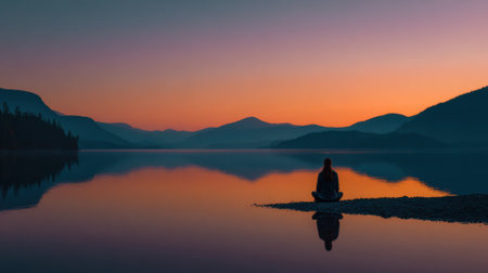 A person sits quietly by the edge of a tranquil lake reflecting on the colorful sunset. Mountains outline the horizon as calm waters capture the warm hues of twilight.の素材