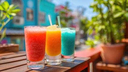 Bright and refreshing frozen drinks in vibrant colors are presented on a wooden table. The scene captures a lively atmosphere with colorful buildings in the background under a clear sky.の素材