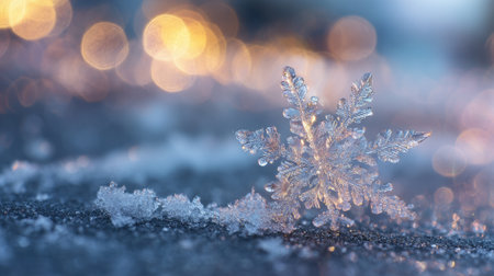 A crystal clear snowflake rests on a cold surface as soft bokeh lights create a magical atmosphere in the background. The scene highlights the beauty of winter in the evening.の素材