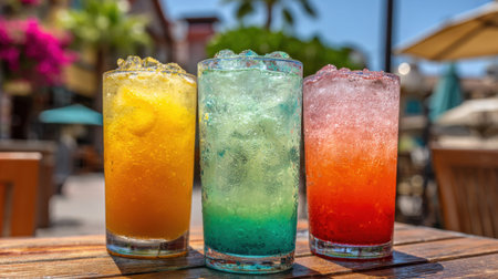 Three tall glasses filled with brightly colored beverages are displayed on a wooden table in a cheerful outdoor area surrounded by plants.の素材