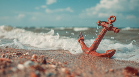 An orange anchor lies partially buried in the sand at a beach. Waves wash over the anchor while fluffy clouds drift by on a sunny day. The scene is peaceful and inviting.の素材