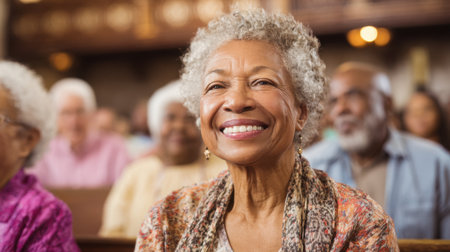A diverse group of senior individuals sits together in a church, smiling and enjoying each other's company during a lively gathering. The atmosphere is warm and welcoming.の素材